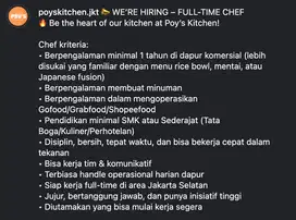 Chef Full Time at Poy's Kitchen Jakarta