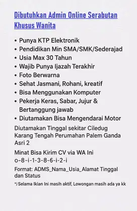 Dibutuhkan Admin Online Shop Serabutan Khusus Wanita
