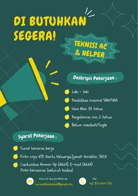 Lowongan kerja helper dan teknisi