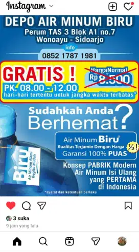 GRATIS air minum isi ulang di Depo BIRU Perum TAS-3 Wonoayu