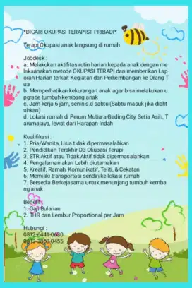 DICARI TERAPIST OKUPASI ANAK PRIBADI
