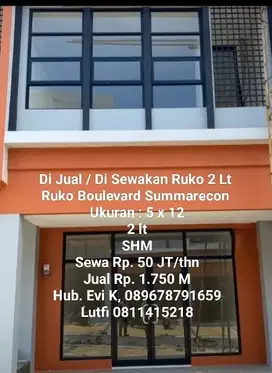 Di Sewakan Ruko 2 Lt, Boulevard Summarecon, Mks
