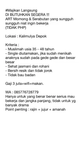 Dibutuhkan Art momong +menginap