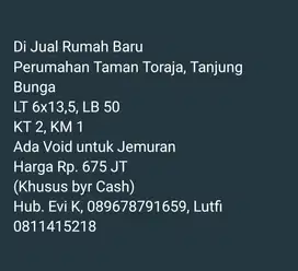 Di jual rumah Baru, Taman Toraja, Tanjung Bunga