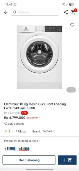 Ready stok mesin cuci 10kg electrolux murah