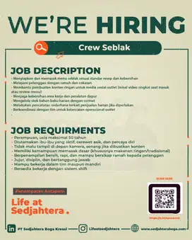 Lowongan Kerja Posisi Crew Seblak (Antapani Bandung)