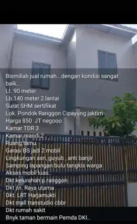 Dijual rumah second tingkat (850jt)akses mobil Cipayung Jaktim