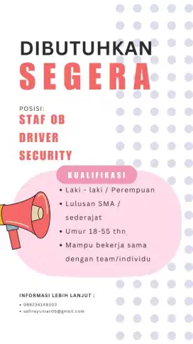 Di butuhkan segera karyawan dan karyawati