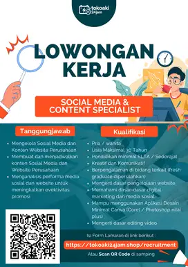 Lowongan Kerja ( Sosial Media & Konten Spesialis, Admin, Mekanik )