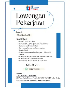 LOWONGAN PEKERJAAN ADMIN & KASIR