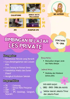 Jasa Les Pivate : Calistung, SD Semua Mata Pelajaran, SMP IPS, SMA IPS