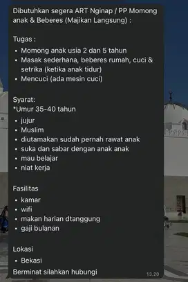 Lowongan ART MOMONG NGINAP/PP