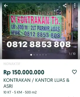 kontrakan / thn, kantor rumah luas dan asri