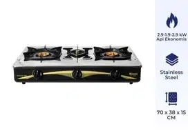 Rinnai 3 tungku dengan api lilin, stainless steel.