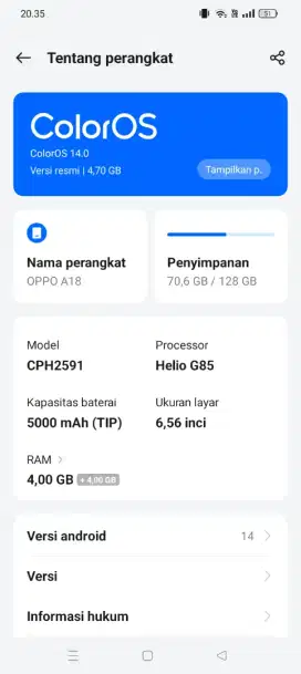 Oppo a18 ram 8 memory 128