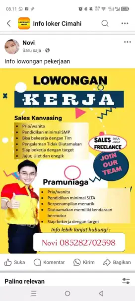 Lowongan pekerjaan dan penjualan perabotan kebutuhan rumah tangga..