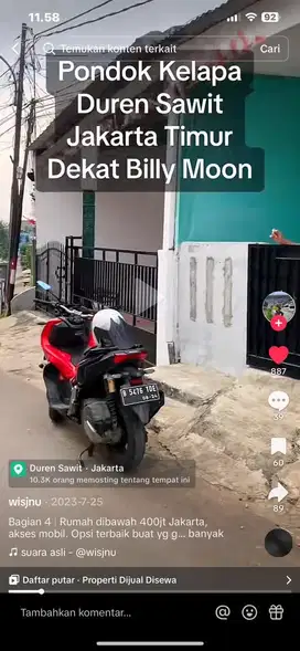 Rumah Murah Akses Mobil Pondok Kelapa Dekat Billy Moon