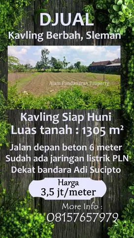 Djual Cepat BU Kavling 1305 m² Berbah Sleman Dekat Bandara Adi Sucipto