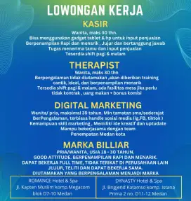 Dibutuhkan segera kasir, digital marketing, marka billiar terapis spa