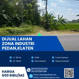 Dijual Tanah Zona Industri Strategis Lokasi Pedan,Klaten Luas 28 Ha