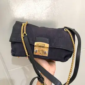 Preloved Tas Furla Denim Sling Bag Dark Blue Authentic Original