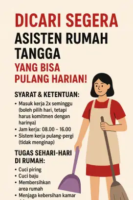 DIBUTUHKAN ASISTEN RUMAH TANGGA (PULANG HARIAN)
