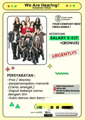 Dibutuhkan talent dancer grup tik*tok live
