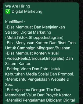 Dibutuhkan Admin Digital Marketing