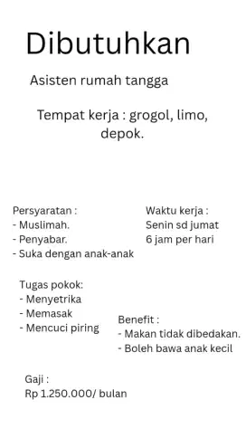 Dibutuhkan ART beres-beres rumah