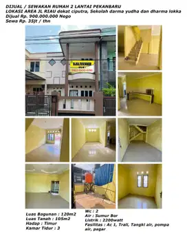 Dijual/sewakan rumah 2 lantai pekanbaru jln.riau