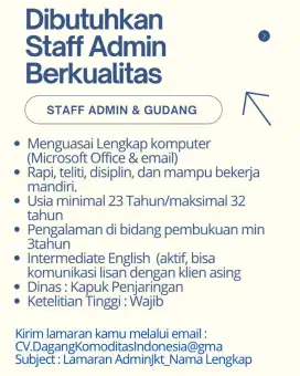 Staff Admin&Pembukuan fasih bahasa Inggris