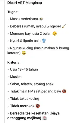 Dicari ART (Menginap)