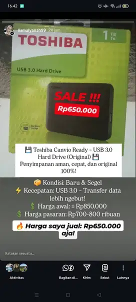HARDISK EKSTERNAL TOSHIBA 1TB (ORIGINAL)