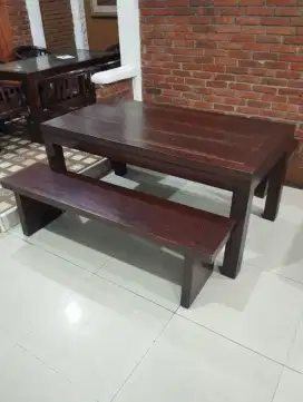 Meja makan kayu tebal bangku panjang unik ex restoran