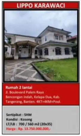 Dijual Rumah Siap Huni Boulevard Palem Raya Kelapa Dua angerang