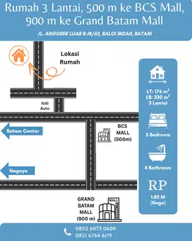 Dijual Rumah Baloi 3 Lantai, Dekat BCS Mall dan Grand Batam Mall