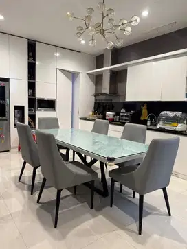 Meja Marmer 220x100 Marble White Carrera Meja Makan dengan 6 Kursi