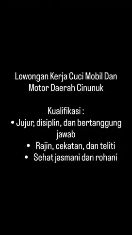 DICARI OPERATOR CUCI MOBIL DAN MOTOR