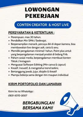 LOWONGAN KERJA HOST LIVE / KONTEN CREATOR