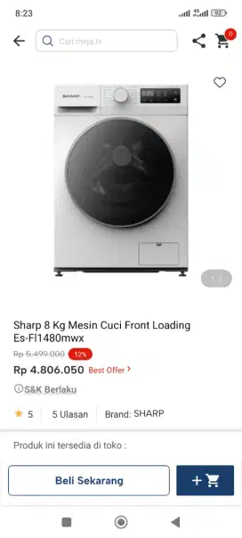 Sharp 8kg mesin cuci front loading esfl14