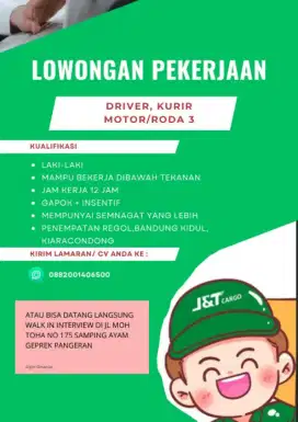 Lowongan kerja driver kurir motor roda 3 dan motoris