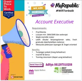 Dibutuhkan Sales Door to Door Provider internet Myrepublic