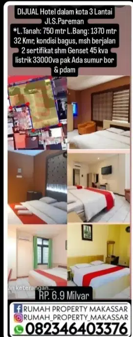 DIJUAL Hotel dalam kota 3 Lantai Jl.S.Pareman  L.Tanah: 750 L B 1.370