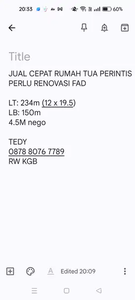 JUAL CEPAT RUMAH TUA PERINTIS KELAPA GADING PERLU RENOVASI