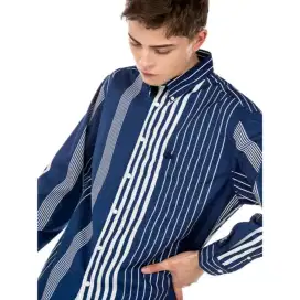 Kemeja Lacoste Long Sleeve Striped Black Logos Size M
