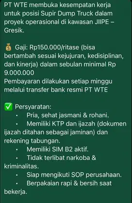 LOWONGAN KERJA – SUPIR DUMP TRUCK