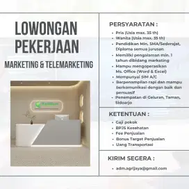 LOWONGAN PEKERJAAN MARKETING & TELEMARKETING (2 Orang)
