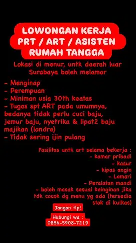 LOWONGAN IRT / ART / PRT SERABUTAN