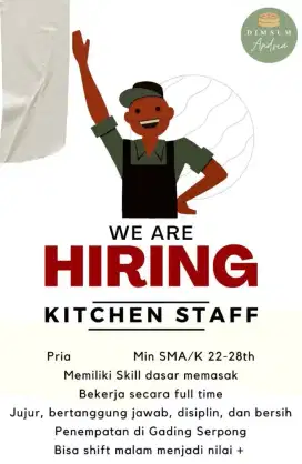 Lowongan Dibutuhkan kitchen staff area gading serpong