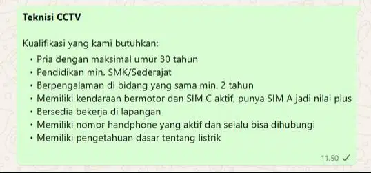 LOWONGAN TEKNISI CCTV (BERPENGALAMAN)